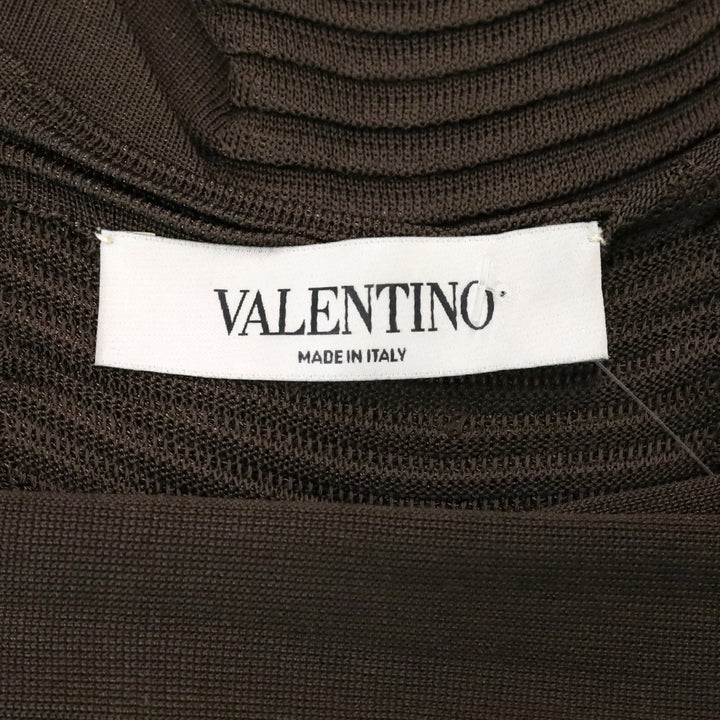 Valentino Brown Sheer Ruched Ribbed Knit Long Sleeve Top