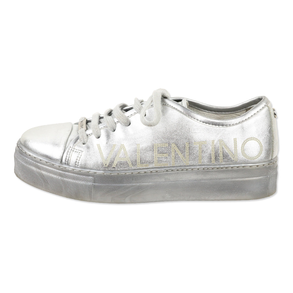 Valentino By Mario Dalia Metallic Silver Leather Platform Sneakers