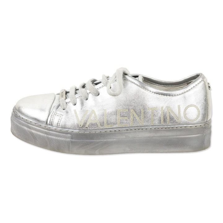 Valentino By Mario Dalia Metallic Silver Leather Platform Sneakers