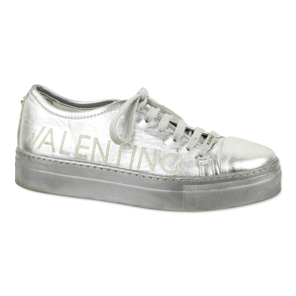 Valentino By Mario Dalia Metallic Silver Leather Platform Sneakers