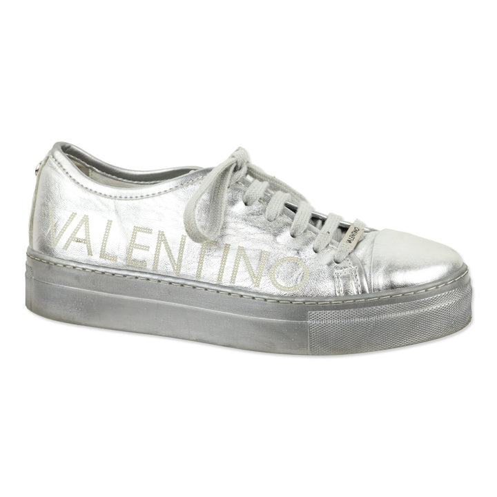 Valentino By Mario Dalia Metallic Silver Leather Platform Sneakers