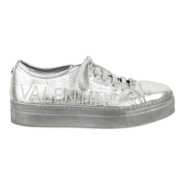Valentino By Mario Dalia Metallic Silver Leather Platform Sneakers