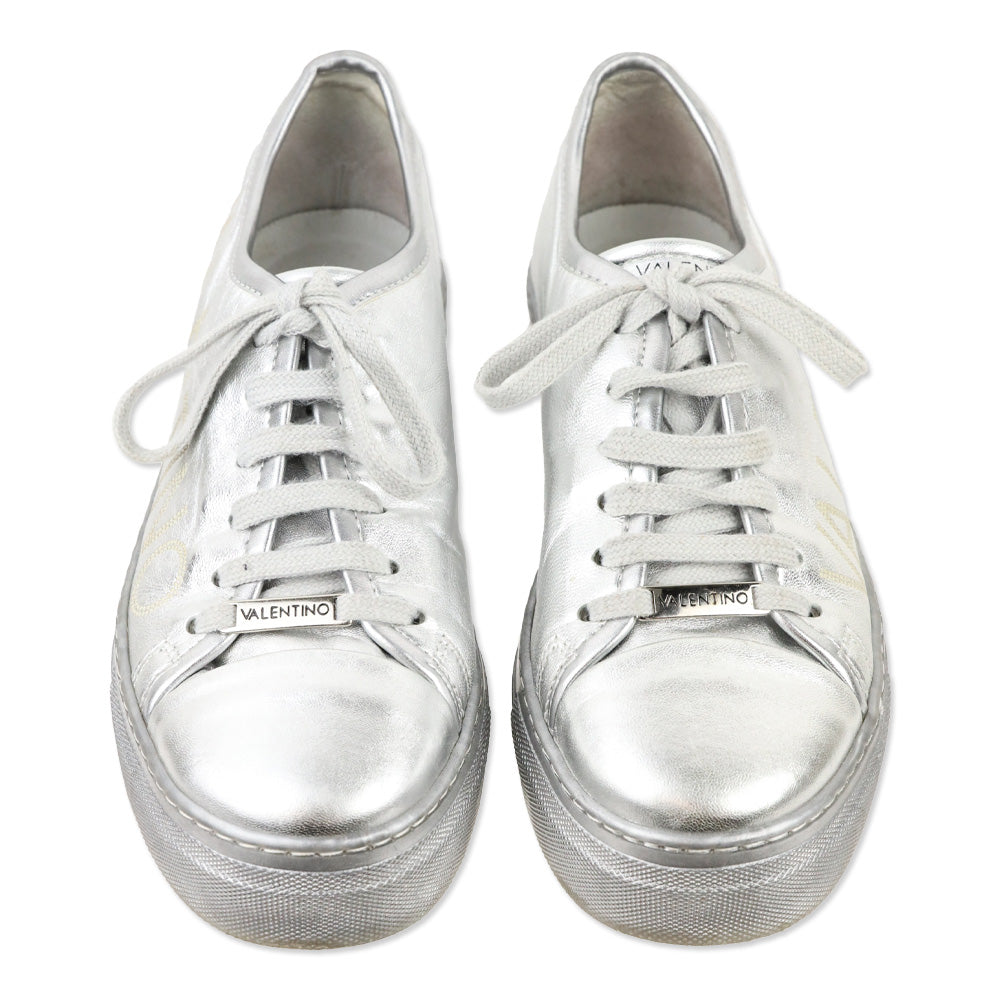 Valentino By Mario Dalia Metallic Silver Leather Platform Sneakers