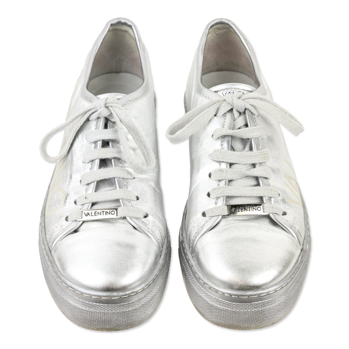 Valentino By Mario Dalia Metallic Silver Leather Platform Sneakers