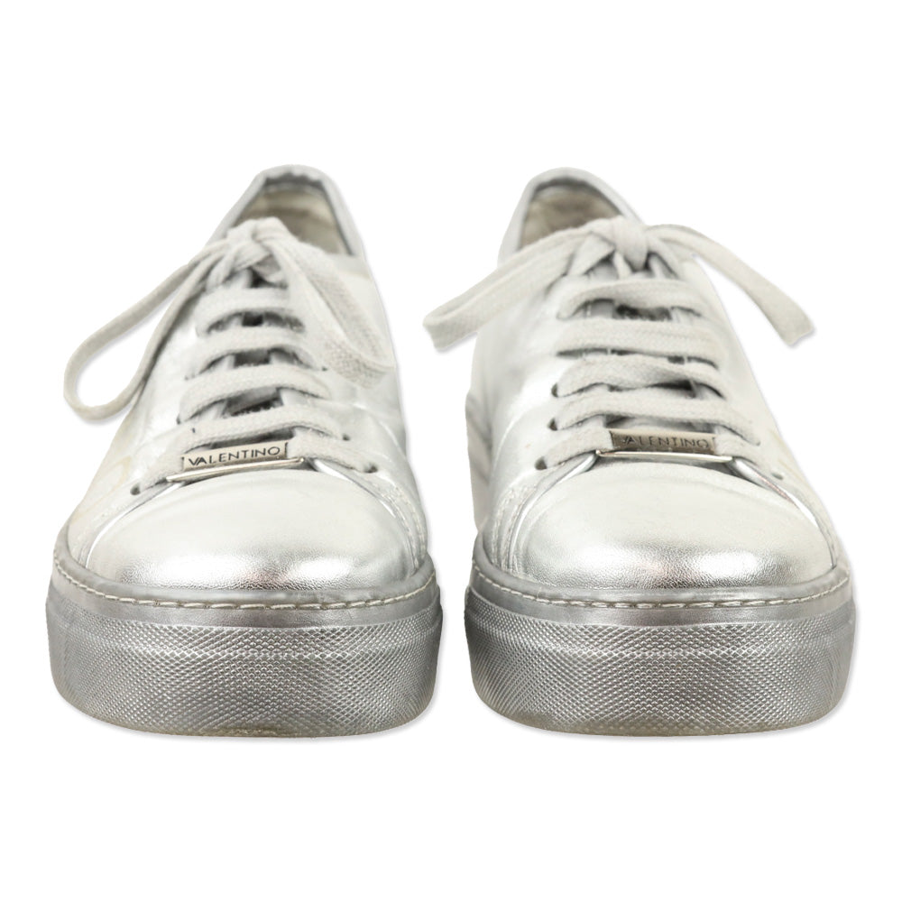 Valentino By Mario Dalia Metallic Silver Leather Platform Sneakers