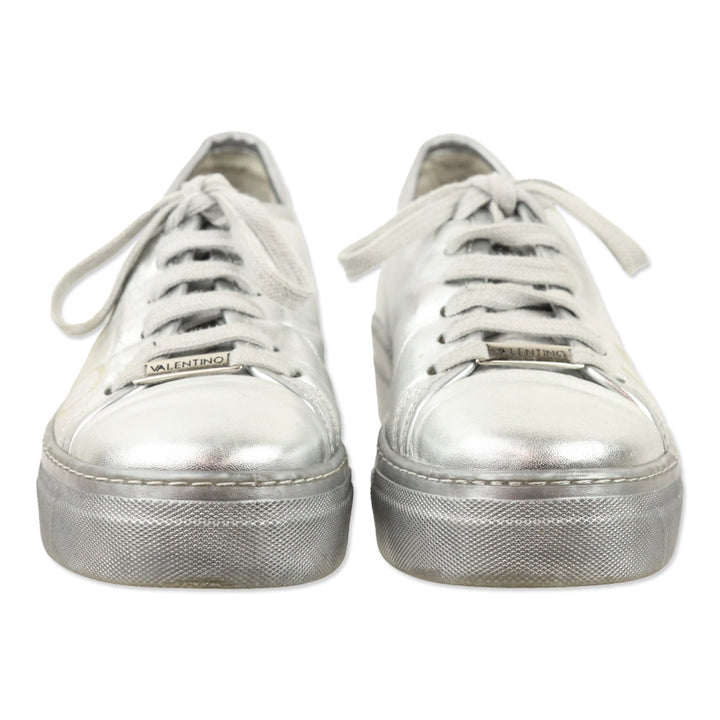 Valentino By Mario Dalia Metallic Silver Leather Platform Sneakers