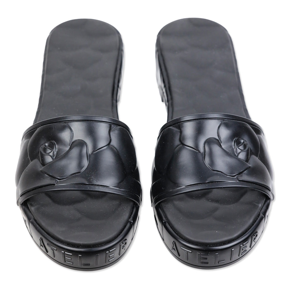 Valentino Garavani Black Atelier Rose Rubber Platform Slide Sandals