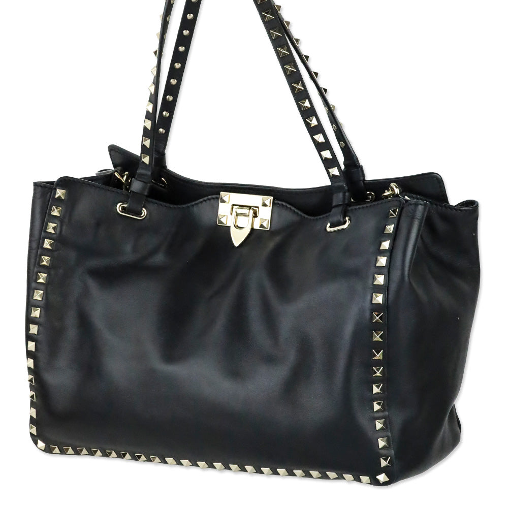 Valentino Garavani Black Calfskin Rockstud Medium Tote Bag