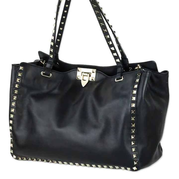 Valentino Garavani Black Calfskin Rockstud Medium Tote Bag