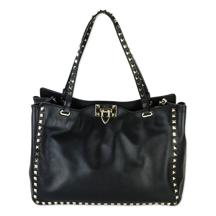 Valentino Garavani Black Calfskin Rockstud Medium Tote Bag