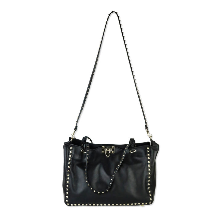 Valentino Garavani Black Calfskin Rockstud Medium Tote Bag