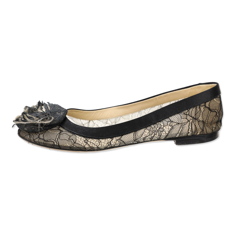 Valentino Garavani Black Floral Lace Rosette Ballet Flat