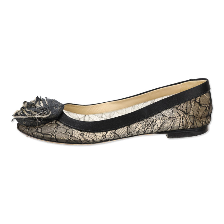 Valentino Garavani Black Floral Lace Rosette Ballet Flat