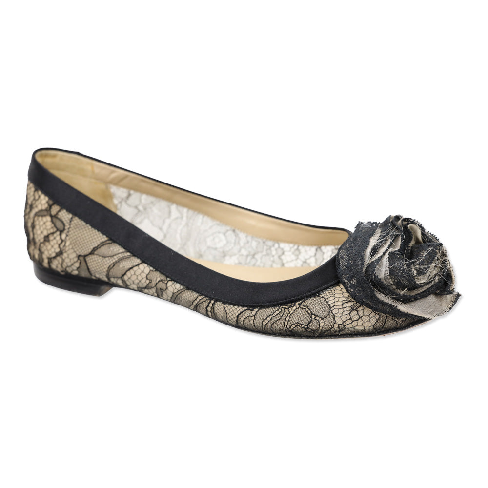 Valentino Garavani Black Floral Lace Rosette Ballet Flat