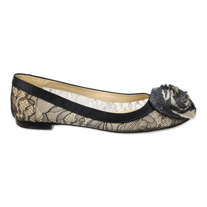 Valentino Garavani Black Floral Lace Rosette Ballet Flat