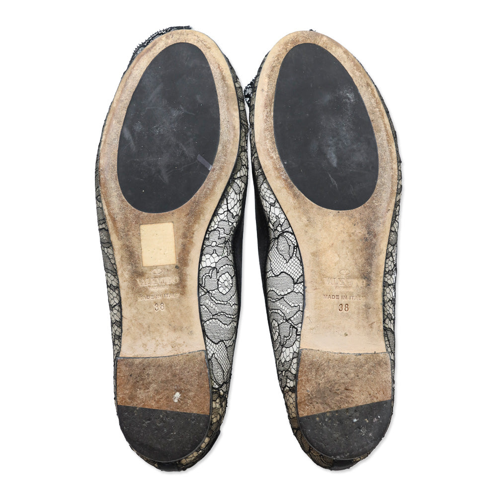Valentino Garavani Black Floral Lace Rosette Ballet Flat
