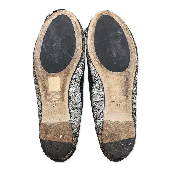 Valentino Garavani Black Floral Lace Rosette Ballet Flat