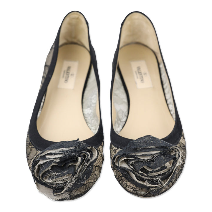 Valentino Garavani Black Floral Lace Rosette Ballet Flat