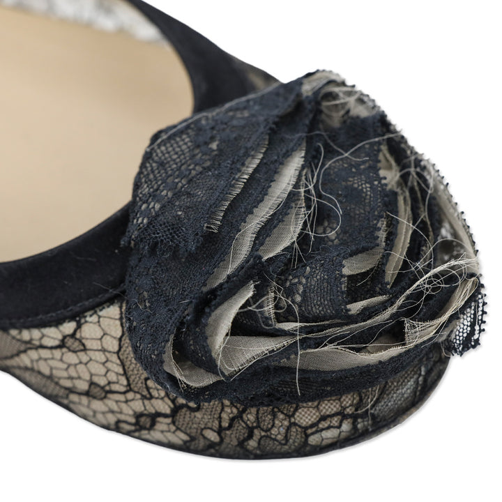 Valentino Garavani Black Floral Lace Rosette Ballet Flat