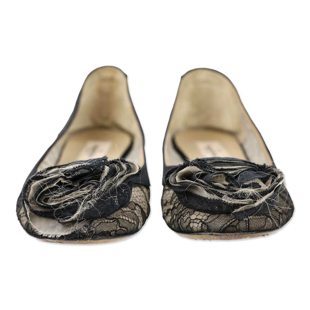 Valentino Garavani Black Floral Lace Rosette Ballet Flat