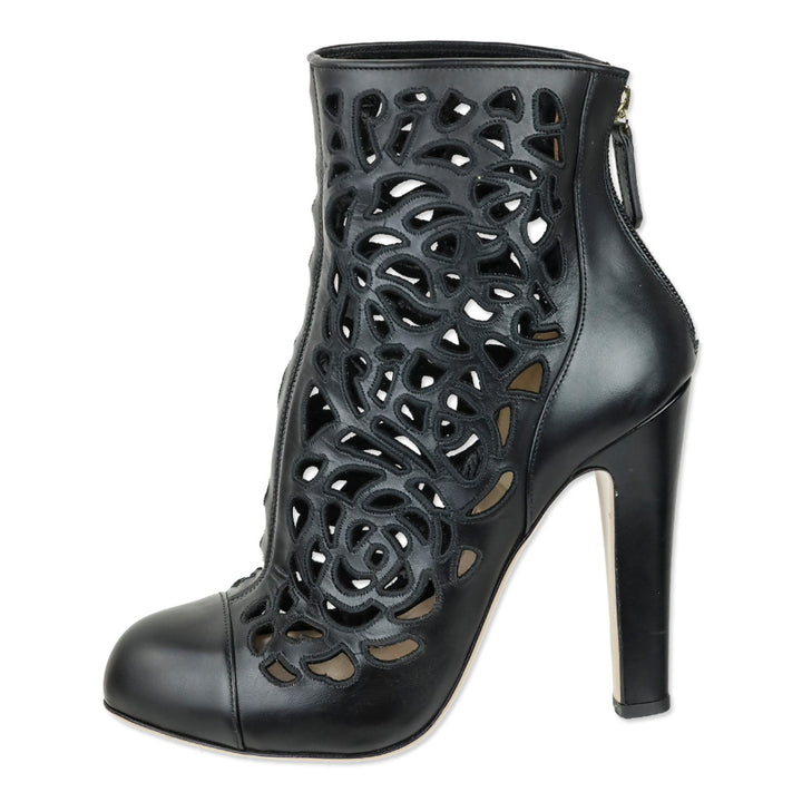 Valentino Garavani Black Rose Laser Cut Leather Ankle Boots