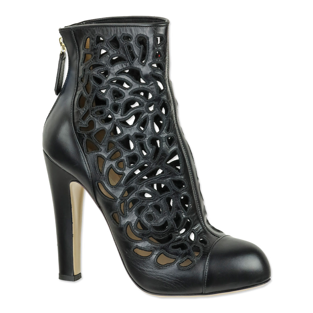 Valentino Garavani Black Rose Laser Cut Leather Ankle Boots