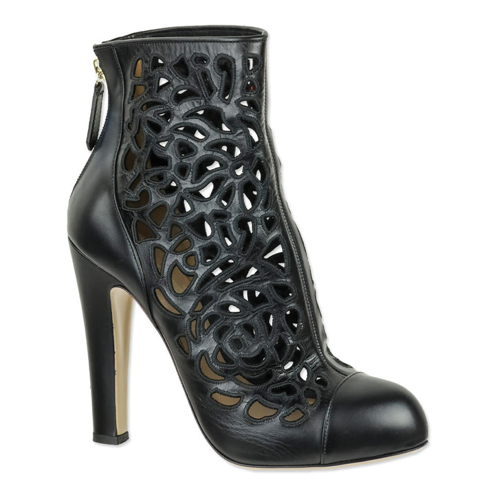 Valentino Garavani Black Rose Laser Cut Leather Ankle Boots