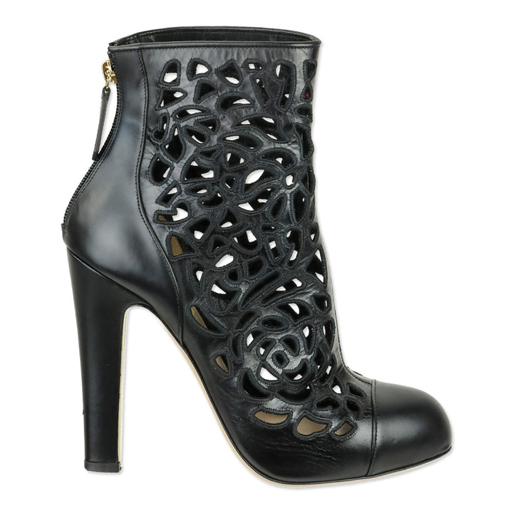 Valentino Garavani Black Rose Laser Cut Leather Ankle Boots