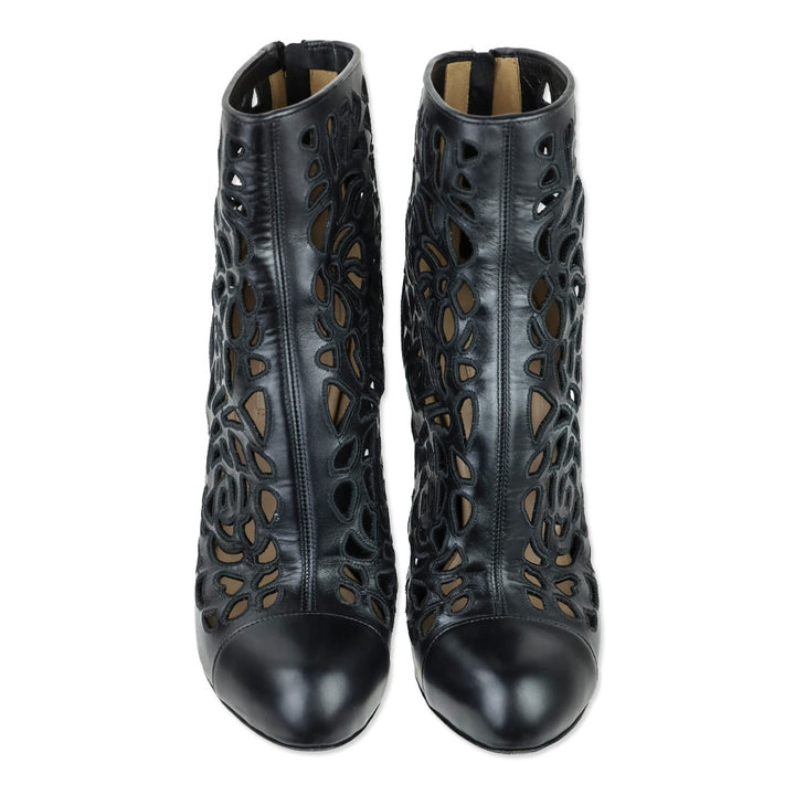 Valentino Garavani Black Rose Laser Cut Leather Ankle Boots