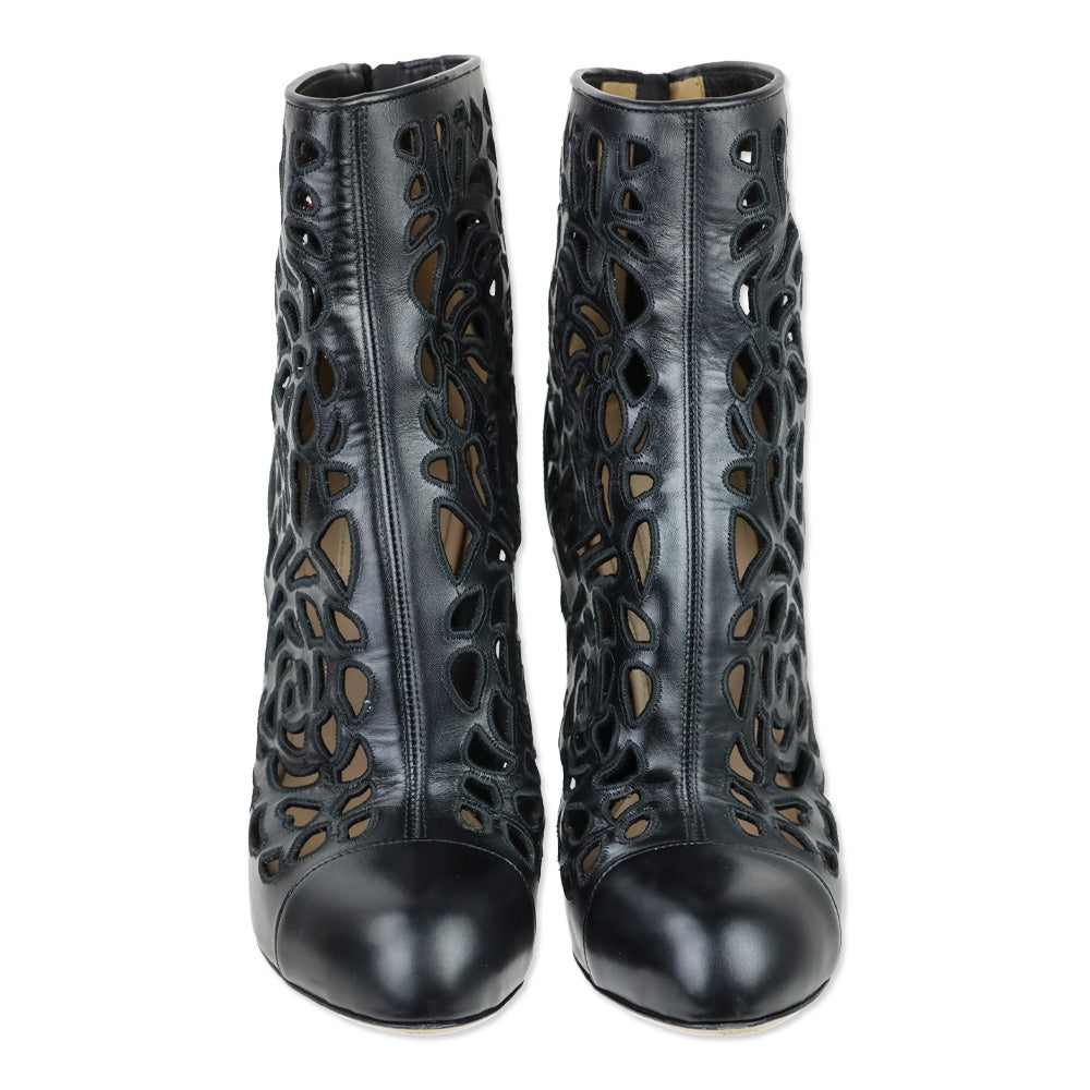 Valentino Garavani Black Rose Laser Cut Leather Ankle Boots