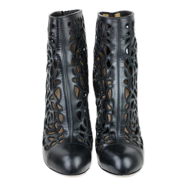 Valentino Garavani Black Rose Laser Cut Leather Ankle Boots