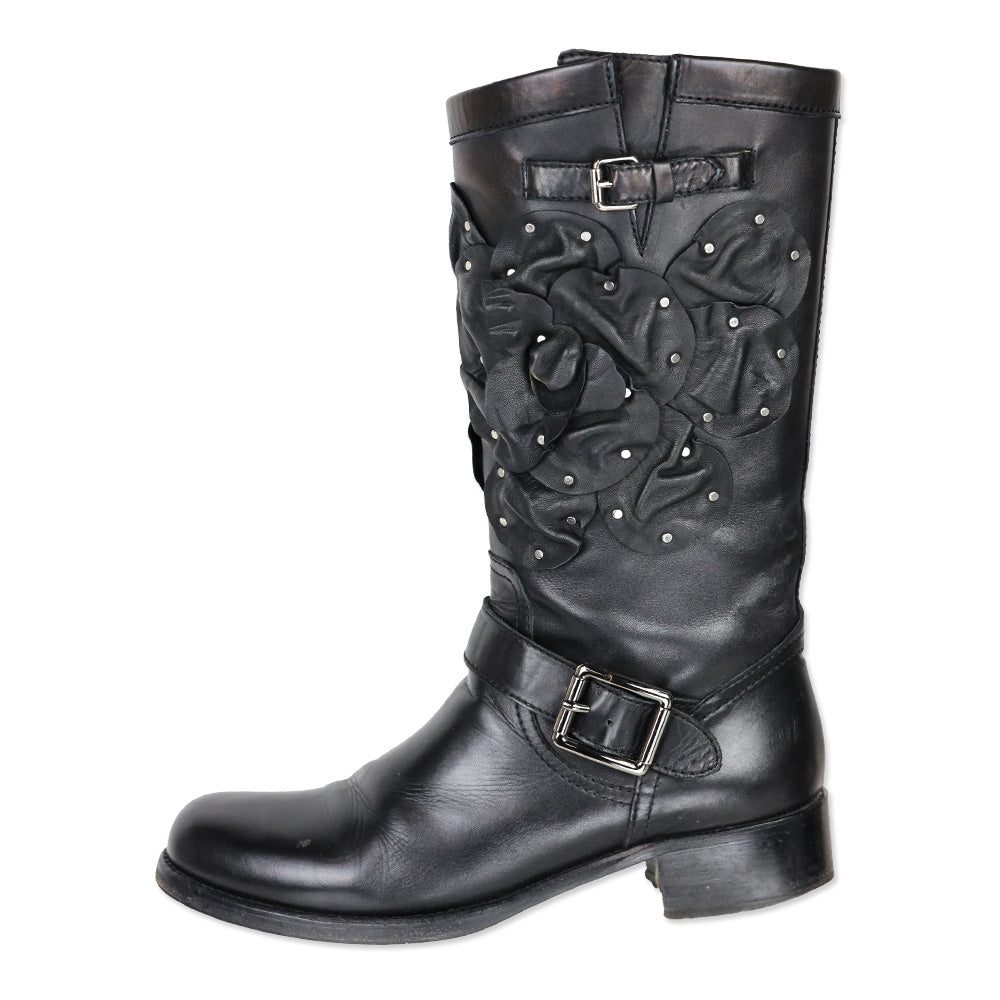 Valentino Garavani Black Studded Floral Appliqué Leather Moto Boots
