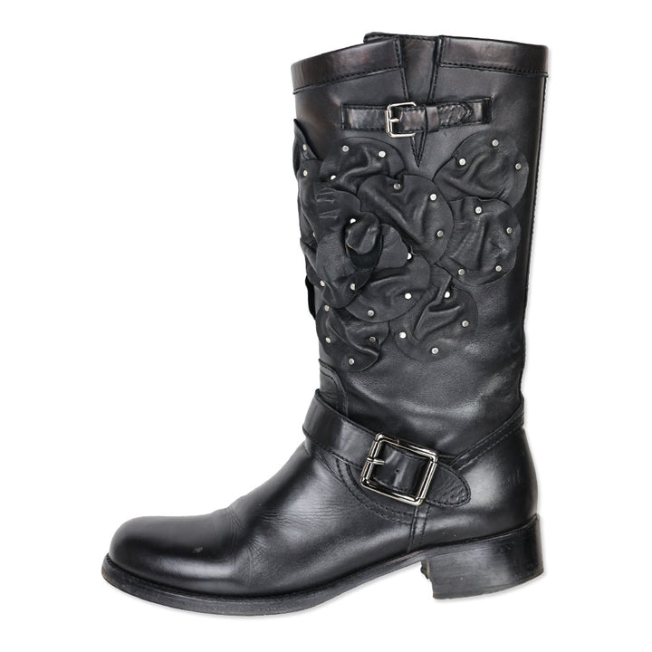 Valentino Garavani Black Studded Floral Appliqué Leather Moto Boots