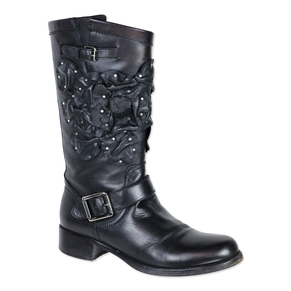 Valentino Garavani Black Studded Floral Appliqué Leather Moto Boots