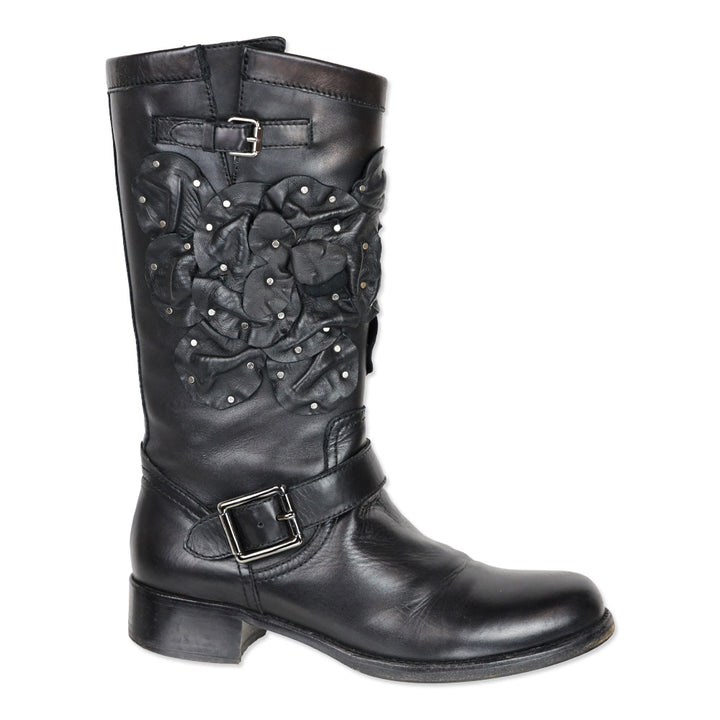 Valentino Garavani Black Studded Floral Appliqué Leather Moto Boots