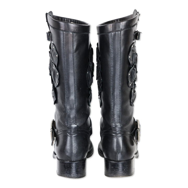 Valentino Garavani Black Studded Floral Appliqué Leather Moto Boots