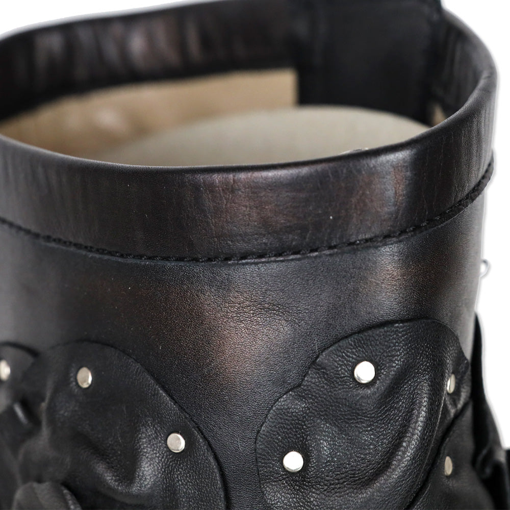 Valentino Garavani Black Studded Floral Appliqué Leather Moto Boots