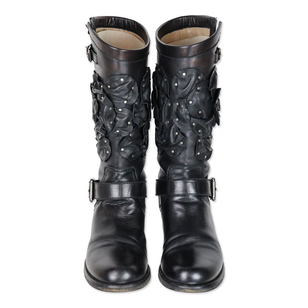 Valentino Garavani Black Studded Floral Appliqué Leather Moto Boots