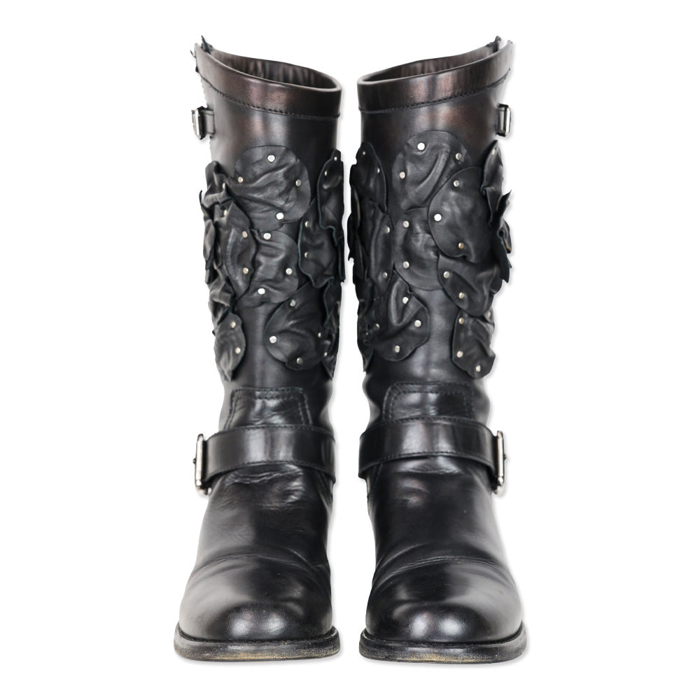 Valentino Garavani Black Studded Floral Appliqué Leather Moto Boots