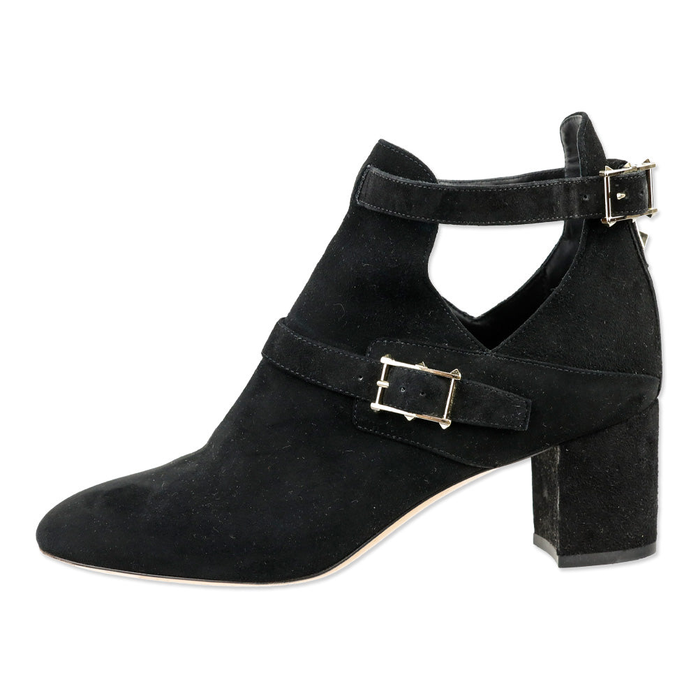 Valentino Garavani Black Suede Rockstud Buckle Ankle Booties