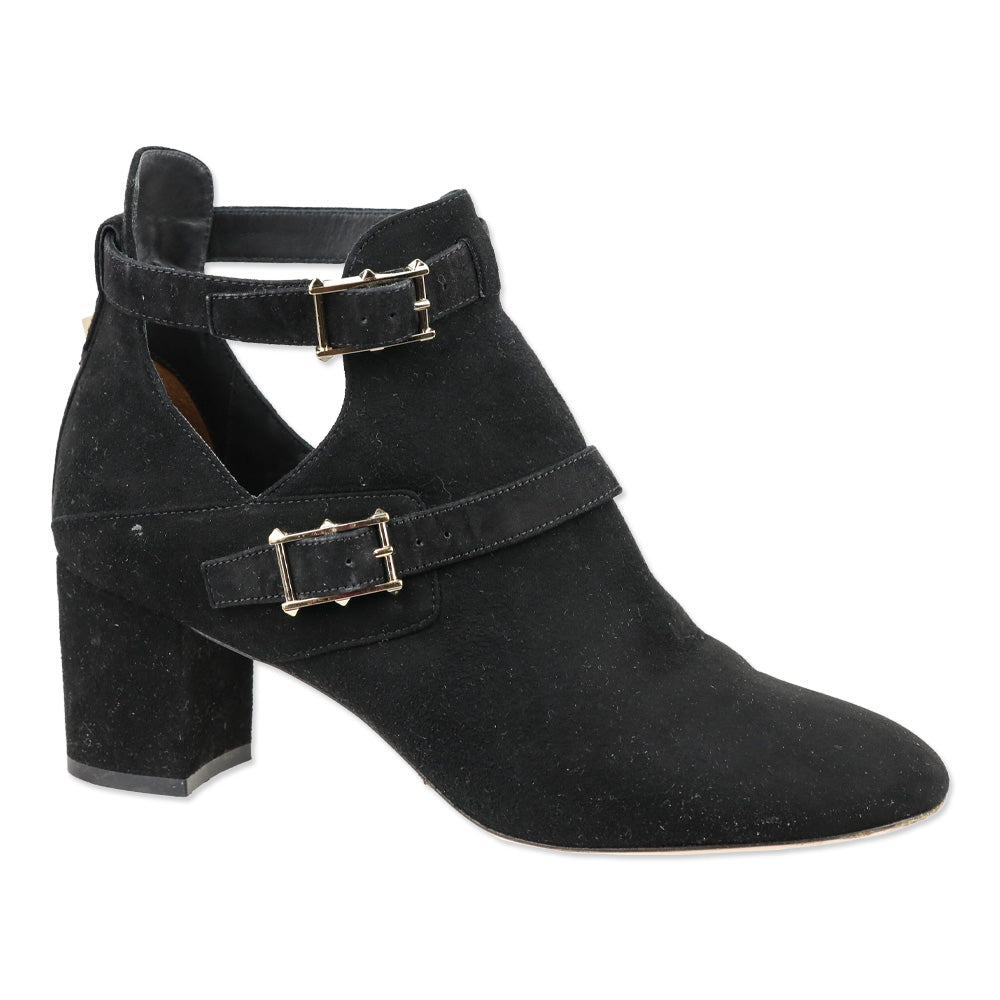Valentino Garavani Black Suede Rockstud Buckle Ankle Booties