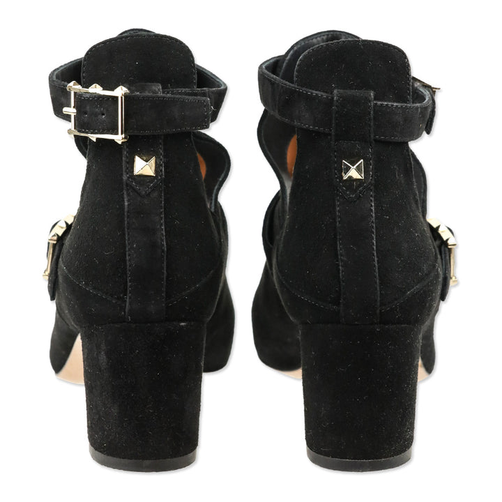 Valentino Garavani Black Suede Rockstud Buckle Ankle Booties
