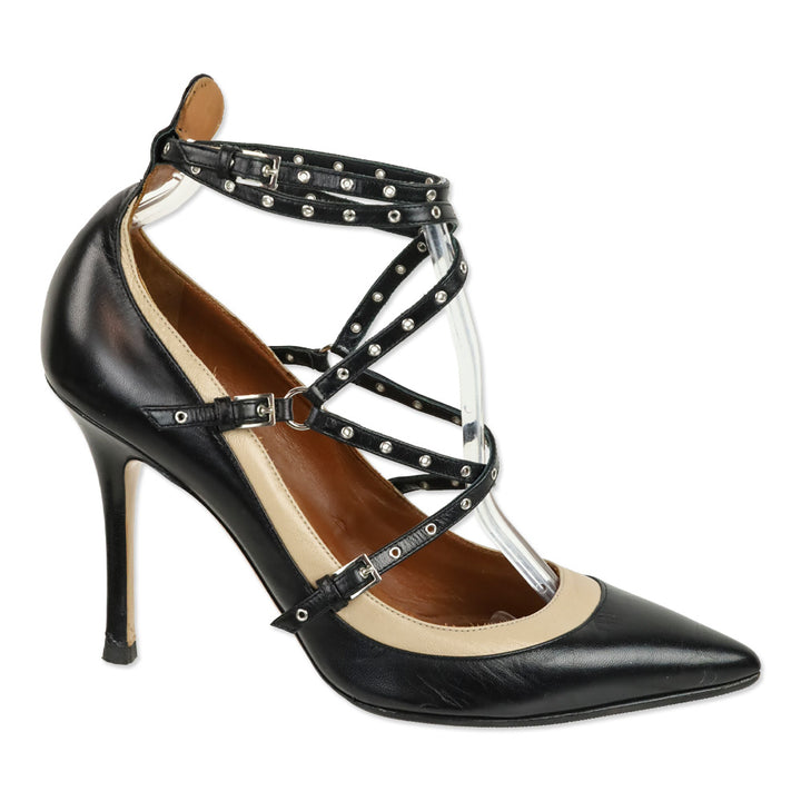 Valentino Garavani Black/Nude Leather Grommet Studded Love Latch Ankle Wrap Pumps