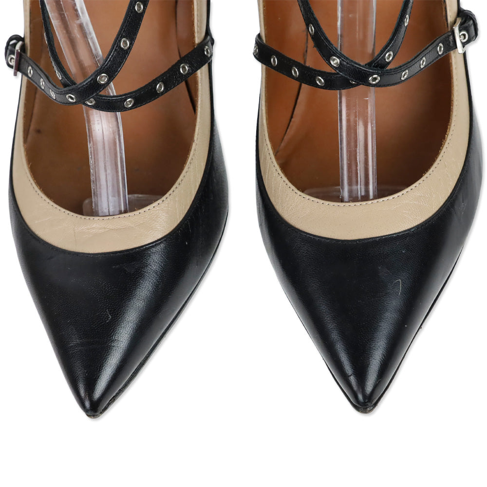 Valentino Garavani Black/Nude Leather Grommet Studded Love Latch Ankle Wrap Pumps