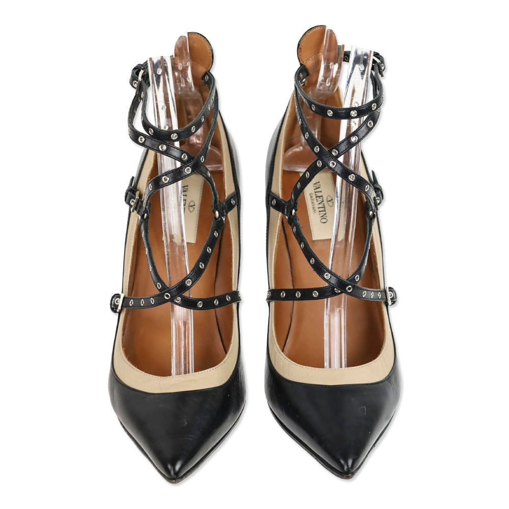 Valentino Garavani Black/Nude Leather Grommet Studded Love Latch Ankle Wrap Pumps