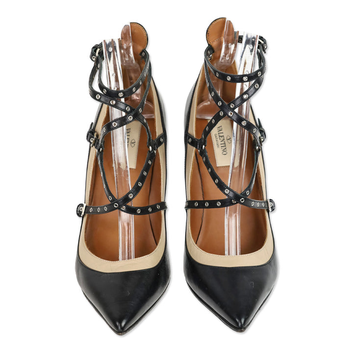 Valentino Garavani Black/Nude Leather Grommet Studded Love Latch Ankle Wrap Pumps