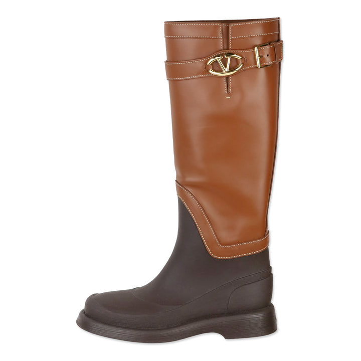 Valentino Garavani Brown Leather and Rubber Logo Buckle Rainboot