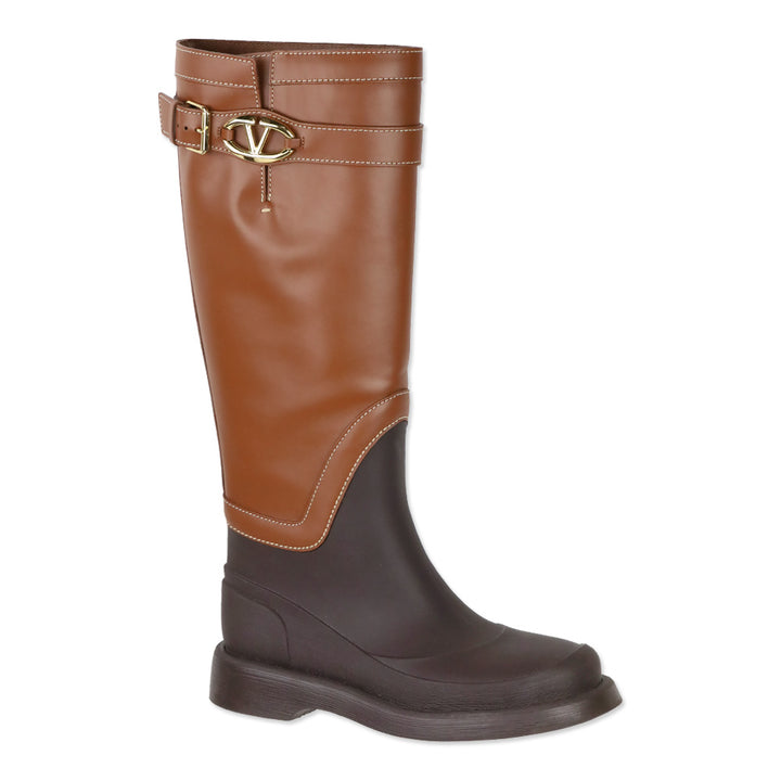 Valentino Garavani Brown Leather and Rubber Logo Buckle Rainboot