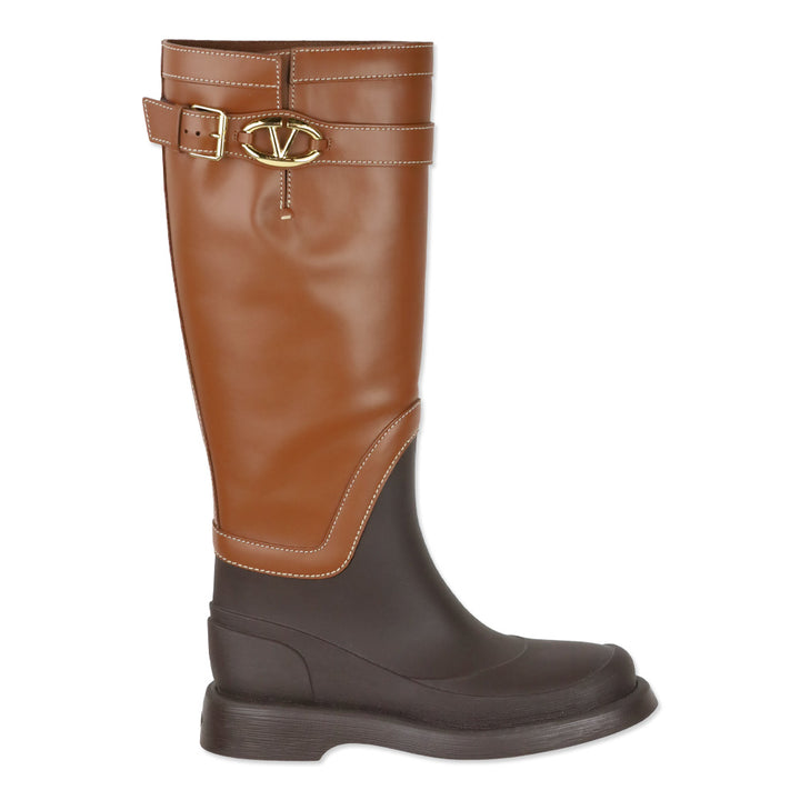 Valentino Garavani Brown Leather and Rubber Logo Buckle Rainboot