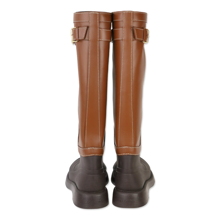 Valentino Garavani Brown Leather and Rubber Logo Buckle Rainboot